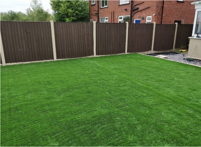 After: 20mm pet-friendly artificial grass installed on timber-framed MOT and sand sub-base in Failsworth, Manchester
