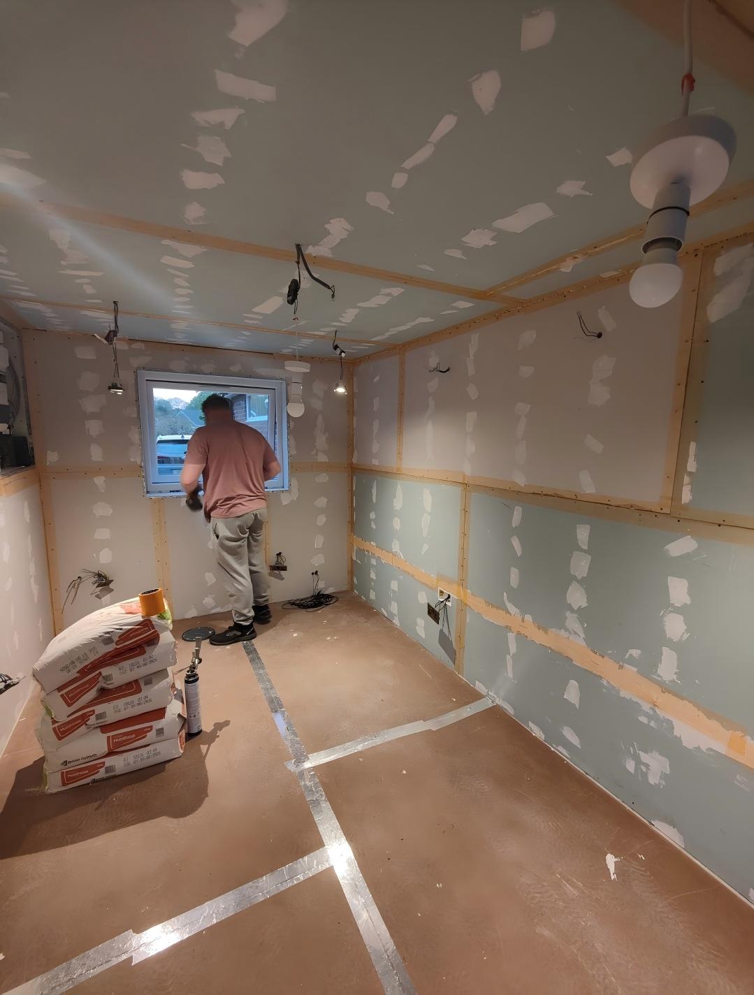 Over Hulton garage walls taped and beaded ready for plastering