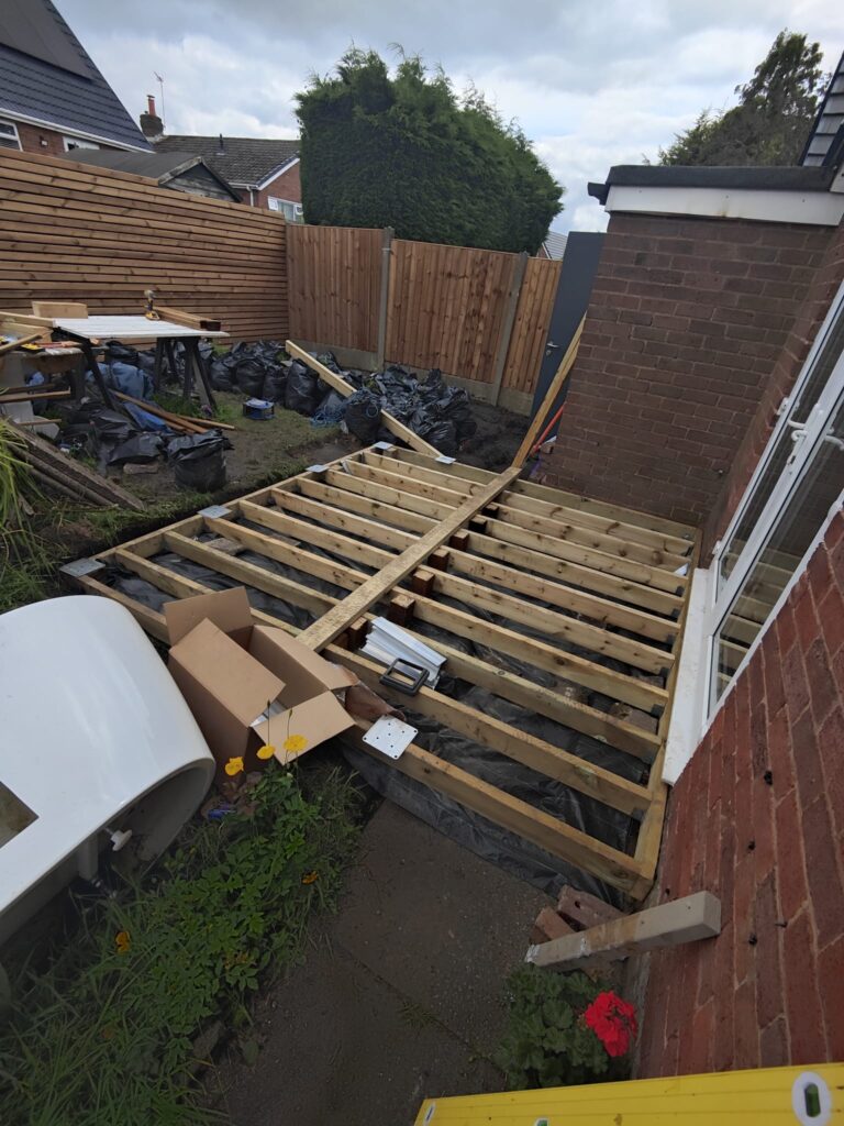 Decking sub-frame levelled and ready for composite boards, Bolton
